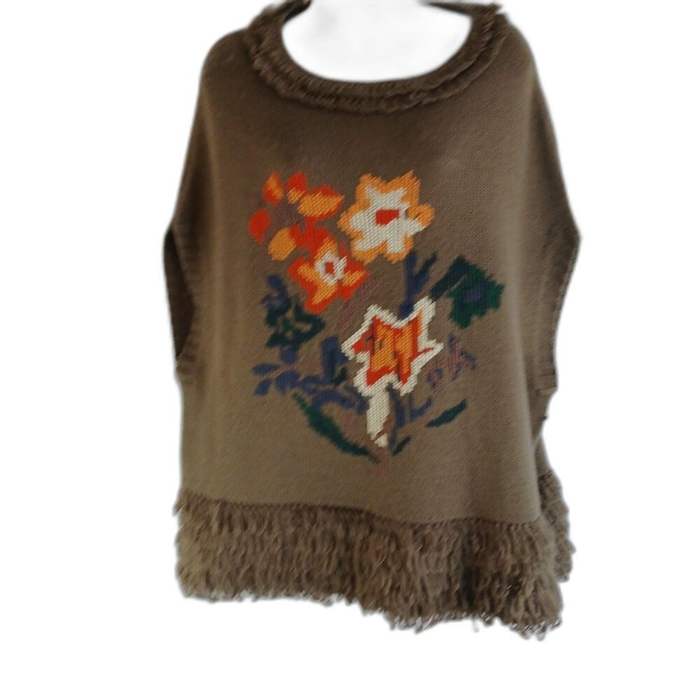 Lulumari Sweater Vest Floral Patrern Fringe‎ Brown Sz M Work Wear Casual Festive